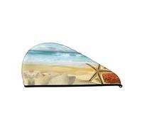 Modern Starfish and Coral On Sandy Beach Landscape Asciugamano per capelli stampato avvolgente, cuffia per capelli asciutti super assorbente per donna Cuffia da a per palestra Bagno a