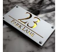 Modern White and Gold Acrylic House Number Sign - Personalizzato Floating Door Plaque with Street Name, 3D Cut-Out Design, Waterproof Outdoor Address Plate with Mirror Gold Backing and Screws