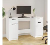 Modern White Multilayer Wood Desk with Side Storage Cabinet, Home Office Writing Table with Drawers, Sturdy Study Desk for Small Spaces, Elegant Workstation for Bedroom or Living Room