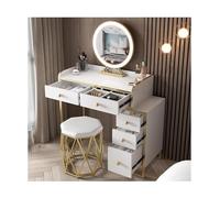 Modern3ColorLEDMakeupVanityTableSetwithStoolMobileNightstandDesignElegantDressTableforBedroomandMakeupEnthusiasts.