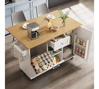 Moderna isola da cucina con bidone della spazzatura, tavolo da pranzo multifunzionale e carrello da pranzo, spazio di archiviazione allungabile, ruote 2 in 1, bianco (142 x 63 x 87 cm, 42,25 kg, MDF