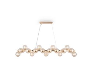Moderna Lampada da soffitto, Pendente, a Sospensione regolabile, a 25 luci, Sfere Palle, Design originale, struttura in metallo color oro, paralumi in vetro ambra, escl 25 X G9 28W