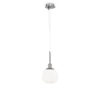 Moderna Lampada pendente a sospensione regolabile, Design Original, Metallo color Nickel, Diffuore in vetro opaco bianco, per isola cucina, bar, soggiorno, sala pranzo, per 1 lam E14 40W non incl