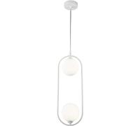 Moderna Lampada pendente da soffitto, Altezza regolabile, Montatura in metallo bianco, 2 luci, diffusori sferici di vetro opaco, Design originale, nordico, industrial, per 2 lampadine G9 25W non incl