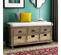 Moderna panca porta scarpe da ingresso in stile rustico, con 3 cassetti e 3 cestini in rattan, scarpiera per ingresso e soggiorno (blu navy antico) (bianco lavato)