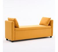 Moderna panca portaoggetti in velluto, 140 cm, imbottita, per letto king size, elegante, con braccioli e 2 cuscini, per soggiorno/ingresso (giallo senape)