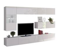 Moderna parete Calabrini IV, parete multimediale, TV bassa, vetrina sospesa, mensola da parete, mobile per soggiorno, TV (con illuminazione a LED bianca, bianco lucido)