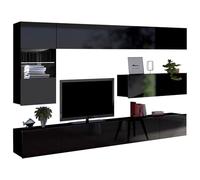 Moderna parete Calabrini IV, parete multimediale, TV bassa, vetrina sospesa, mensola da parete, mobile per soggiorno, TV (con illuminazione a LED bianca, nero/nero lucido)