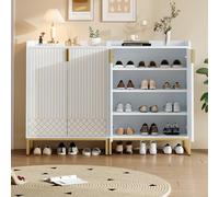 Moderna scarpiera bianca, 75 x 37 x 105 cm, con gambe in metallo dorato, con ante dorate (2)