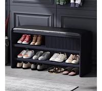 Moderna scarpiera in legno con cuscino imbottito in pelle, mobili da ingresso e corridoio, blu scuro con seduta nera, 100 x 30 x 45 cm