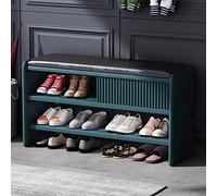 Moderna scarpiera in legno con cuscino imbottito in pelle, organizer per ingresso e corridoio, elegante seduta blu e nera, 100 x 30 x 45 cm (39 x 12 x 18 pollici)