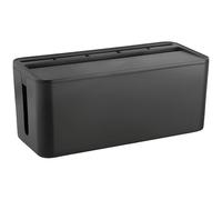 Moderna scatola portacavi nera con parte superiore in bambù, contenitore per la gestione dei cavi multi-apertura per caricabatterie, strisce e dispositivi USB