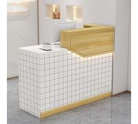 Moderna scrivania per reception a forma di L con cassetti chiudibili alla cassa, per centri commerciali e registratori di cassa, elegante stazione di ricezione per una migliore esperienza del cliente