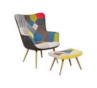 Moderna Sedia Wingback con Poggiapiedi in Tessuto Patchwork Multicolore Vejle II