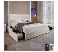 Moderna struttura per letto da 140 x 200 cm con rete a cassettone, con 4 comodi cassetti, testiera con illuminazione a LED e porte USB, imbottitura spessa, beige