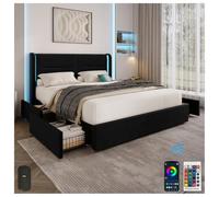 Moderna struttura per letto da 140 x 200 cm con rete a cassettone, con 4 pratici cassetti, testiera con illuminazione a LED e porte USB, imbottitura spessa, colore: nero