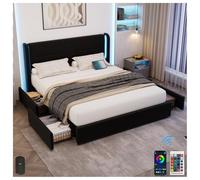 Moderna struttura per letto da 160 x 200 cm con rete a cassettone, con 4 pratici cassetti, testiera con illuminazione a LED e porte USB, imbottitura spessa, colore: nero
