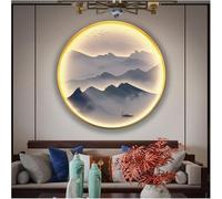 Moderna Tela di Canapa Wall Art Entce Pittura Decorativa Sala da tè Lampada da Parete Pittura Vento Cinese Paesaggio Hotel Ingresso Corridoio Rotondo Luminoso Pittura Murale, AA106, 80cm-Black