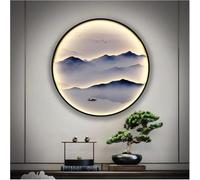 Moderna Tela di Canapa Wall Art Entce Pittura Decorativa Sala da tè Lampada da Parete Pittura Vento Cinese Paesaggio Hotel Ingresso Corridoio Rotondo Luminoso Pittura Murale, AA108, 60cm-Black