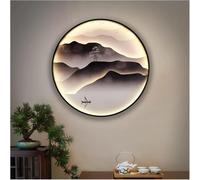 Moderna Tela di Canapa Wall Art Entce Pittura Decorativa Sala da tè Lampada da Parete Pittura Vento Cinese Paesaggio Hotel Ingresso Corridoio Rotondo Luminoso Pittura Murale, AB106, 80cm-Black