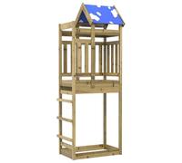 Moderna torre da gioco in legno massiccio impregnato, marrone, 85 x 52,5 x 239 cm, con numerosi accessori per attività di scivolo e arrampicata, favorisce l'interazione sociale