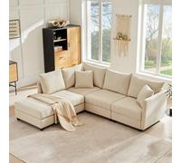 Modernes Ecksofa mit vertikalen Streifen, Modulares, 5-Sitzer-Sofa, mit umwandelbarem Fußhocker, L-förmiges, U-förmiges Sofa, 220 x 194 x 85cm (Beige)