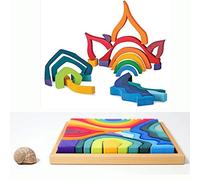 moderngenic Blocchi arcobaleno extra grandi quattro elementi, giocattoli in legno per bambini, puzzle da costruzione geometrico, gioco educativo con vulcano/casa arcobaleno tenda da campeggio coppia