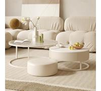 Moderni tavolini rotondi in vetro con sgabello e cassetto in pelle, set versatile per salotti e camere da letto, perfetto per piccoli spazi