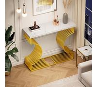 Moderno, 100 x 35 x 80 cm, semplice tavolino nero lucido, piccolo tavolino per soggiorno, consolle, base dorata può essere installato in due modi (bianco+oro)
