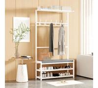 Moderno appendiabiti industriale in metallo con scarpiera | ingresso 4 in 1 con 6 ganci e 2 ripiani per scarpe | soluzione elegante per corridoio e ingresso