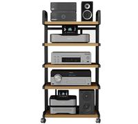 Moderno armadietto multimediale a 5 ripiani su ruote, resistente scaffale audio-video per TV e HiFi, in legno, elegante per l'intrattenimento domestico