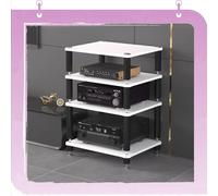Moderno armadio AV con 4 ripiani per amplificatori e apparecchiature audio, supporto angolare aperto per media center, finitura noce chiaro, elegante organizer audio-video