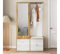 Moderno armadio da ingresso, set appendiabiti con specchio, scarpiera, scarpiera con gancio e barra estensibile, 100 x 38 x 180 cm (colore bianco e legno)