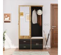 Moderno armadio Entrée con specchio, scarpiera, scarpiera con gancio e asta appendiabiti allungabile, 100 x 38 x 180 cm (colore nero e legno)