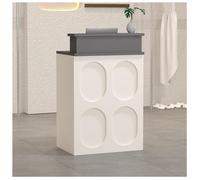 Moderno banco di ricezione in legno per la vendita al dettaglio, in legno massello inodore, a doppio strato, con gestione dei cavi, cassetti bloccabili, design liscio per negozi di abbigliamento.