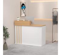 Moderno banco per reception con cassetto bloccabile, tavolo anteriore con passacavo e ripiani aperti, per ingressi, saloni, vendita al dettaglio