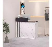 Moderno banco per reception con cassetto bloccabile, tavolo anteriore con passacavo e ripiani aperti, per ingressi, saloni, vendita al dettaglio