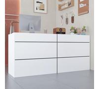 Moderno banco per reception con ripiani portaoggetti, elegante tavolo per la cassa del bancone anteriore per hall e spazi commerciali, bianco e nero, 50 cm di profondità x 210 cm di larghezza x 99,3