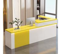 Moderno banco per ricevimenti con cassetto chiudibile a chiave, elegante bancone giallo a forma di L, elegante bancone per la reception con armadietto per ufficio, 140 cm