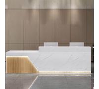 Moderno banco reception - bancone anteriore per ufficio per piccole imprese, elegante bancone reception con illuminazione delicata, struttura bianca da 140 cm e finitura naturale