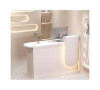 Moderno banco reception con armadietti e ripiani portaoggettiElegante bancone anteriore per saloni di vendita al dettaglio, casa, uffici e aree di pagamento, luci a LED dal design funzionale per sale