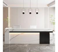 Moderno banco reception con contenitore, elegante bancone front office per affari, include illuminazione soffusa, perfetto per spazi professionali e interazione con i clienti