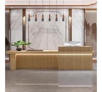 Moderno banco reception con logo personalizzato e illuminazione a LED nascosta, bancone anteriore da ufficio in legno massello con area espositiva e stoccaggio, nessun montaggio richiesto, D, 140 x 60
