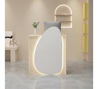 Moderno banco reception con piccolo bancone frontale dotato di cassetti e occhielli per la gestione dei cavi, ideale per ingressi, salotti, spazi commerciali e uffici domestici