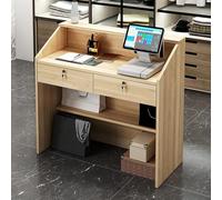 Moderno banco reception frontale con cassetto aperto e chiudibile a chiave, per salone di abbigliamento, negozio di abbigliamento commerciale, scrivania per ufficio in finitura originale con venature