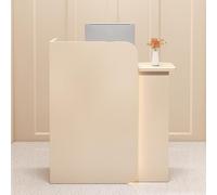 Moderno banco reception in legno con cassetti e contenitore, elegante bancone anteriore per salone, ufficio, hall e vendita al dettaglio, finitura beige, orientamento destro, 160 x 45 x 100 cm