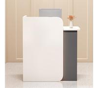 Moderno banco reception in legno con cassetti e contenitore, elegante bancone per salone, ufficio, atrio, vendita al dettaglio, bianco e grigio, lato destro, 140 x 45 x 100 cm