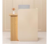 Moderno banco reception in legno con cassetti e contenitori, elegante bancone anteriore per salone, ufficio, hall e vendita al dettaglio, finitura beige e legno naturale, configurazione a sinistra (60