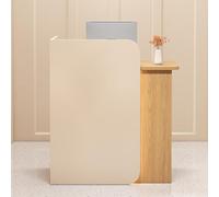 Moderno banco reception in legno con cassetti, elegante bancone frontale per salone, ufficio, hall, vendita al dettaglio, finitura beige e legno naturale, orientamento destro, 140 x 45 x 100 cm