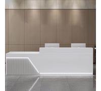 Moderno banco reception per piccole imprese, elegante bancone anteriore con illuminazione delicata, bancone per reception da ufficio in bianco e grigio chiaro (140 cm)